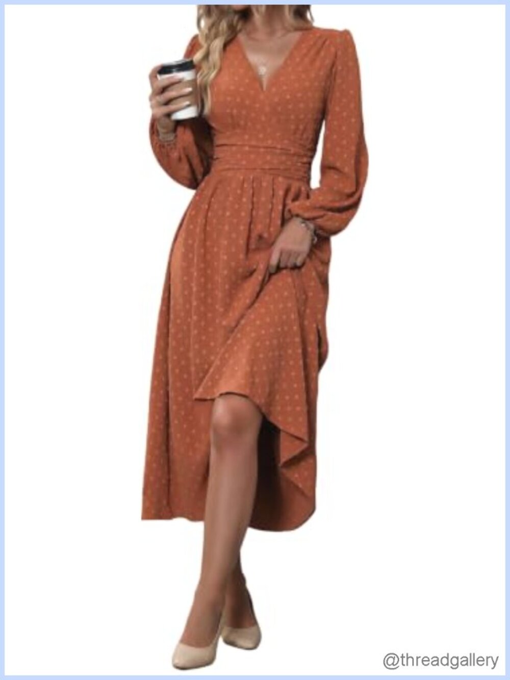 Swiss Dot V-Neck Midi Dress Long Lantern Puff Sleeve A-Line Wedding Guest